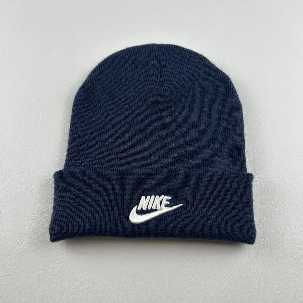 Nike Navy Cuffed Beanie Hat Embroidered Logo One Size Unisex Adult Knit